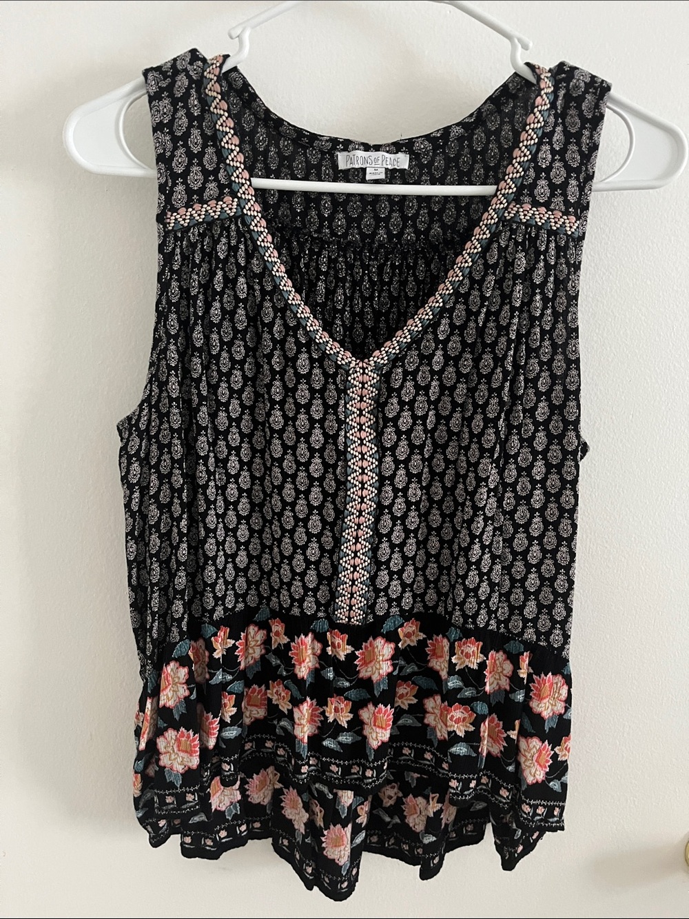 Patrons of Peace Black Sleeveless Floral-Trimmed Camisole